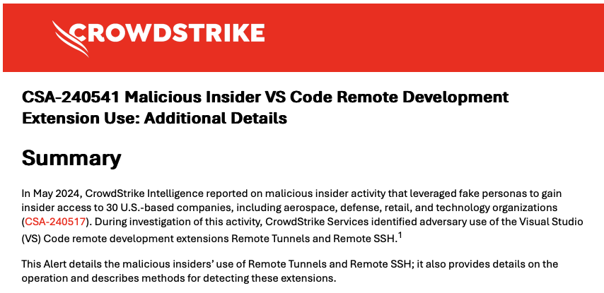 Figure 1. The summary section of a CrowdStrike threat alert written to describe the malicious usage of Visual Studio Code